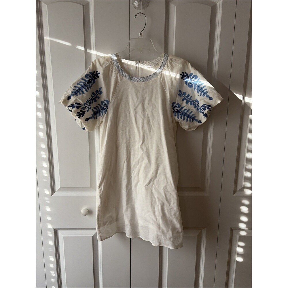 Loveriche Ladies White Embroidered Blue Fiesta Mexican Cotton/Linen Dress Sz S